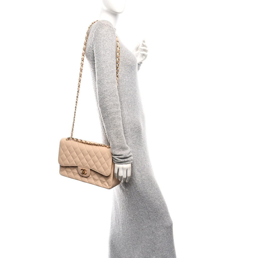 Caviar Quilted Jumbo Double Flap Beige