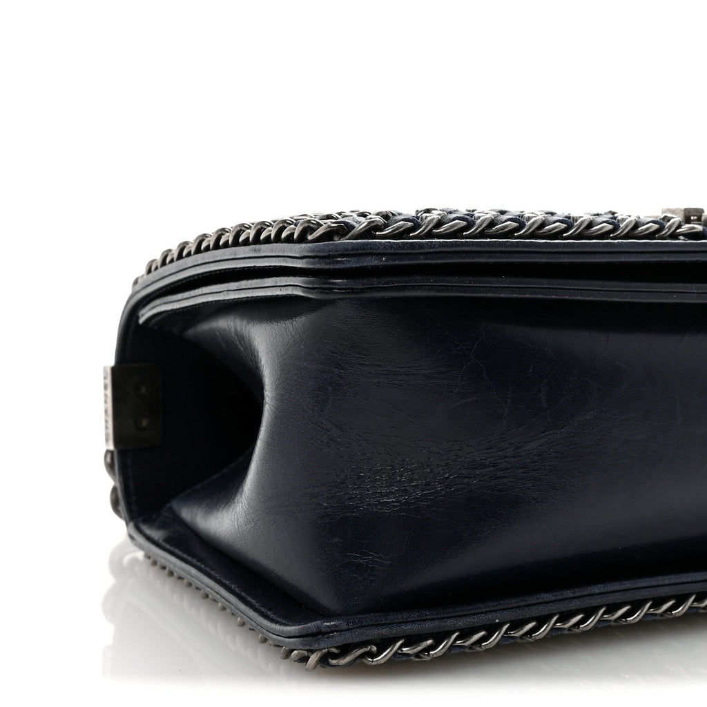 Glazed Calfskin Quilted Medium Boy Chained Flap Blue