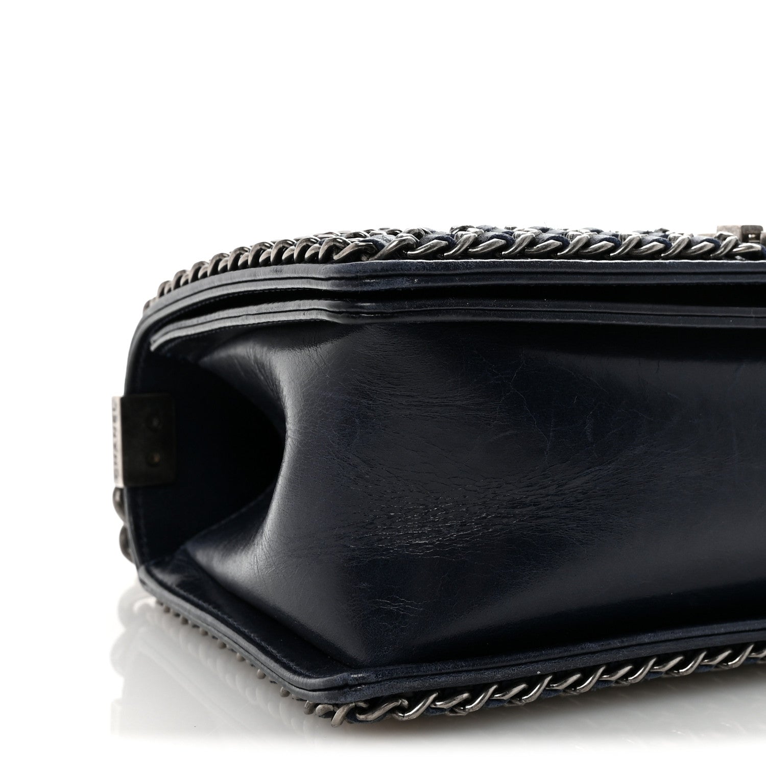 Glazed Calfskin Quilted Medium Boy Chained Flap Blue