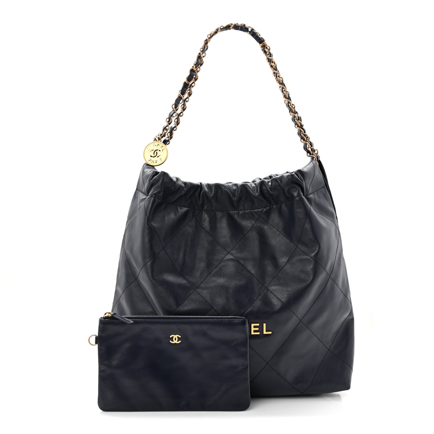 Shiny Calfskin Quilted Chanel 22 Navy Blue