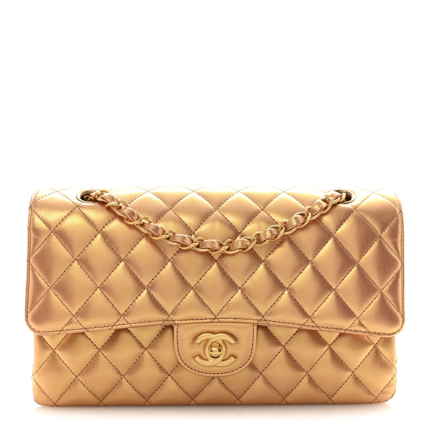 Metallic Lambskin Quilted Medium Double Flap Golden