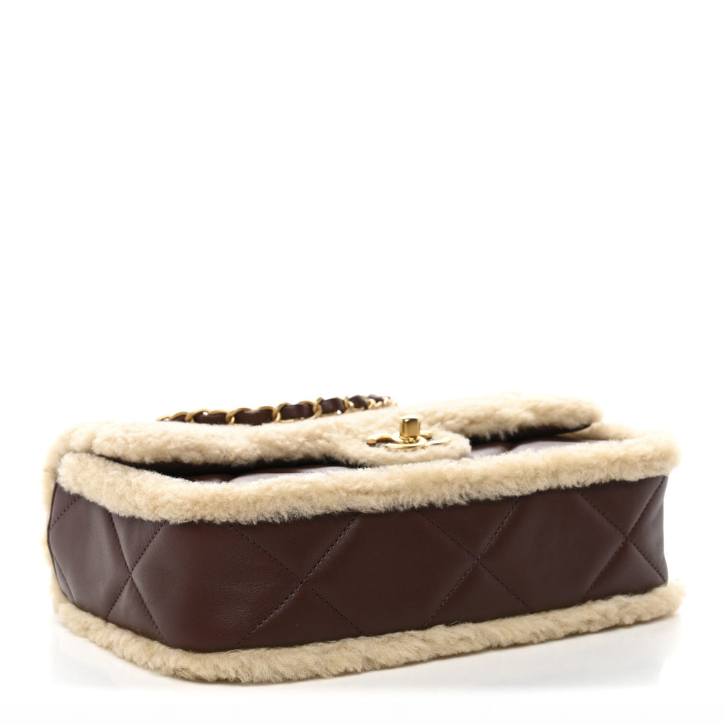 Shearling Lambskin Quilted Furry Coco Flap Dark Brown Beige