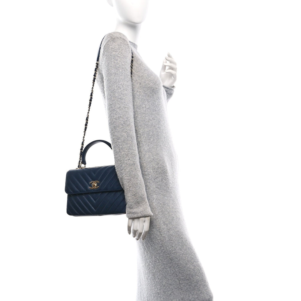 Lambskin Chevron Quilted Small Trendy CC Flap Dual Handle Bag Navy