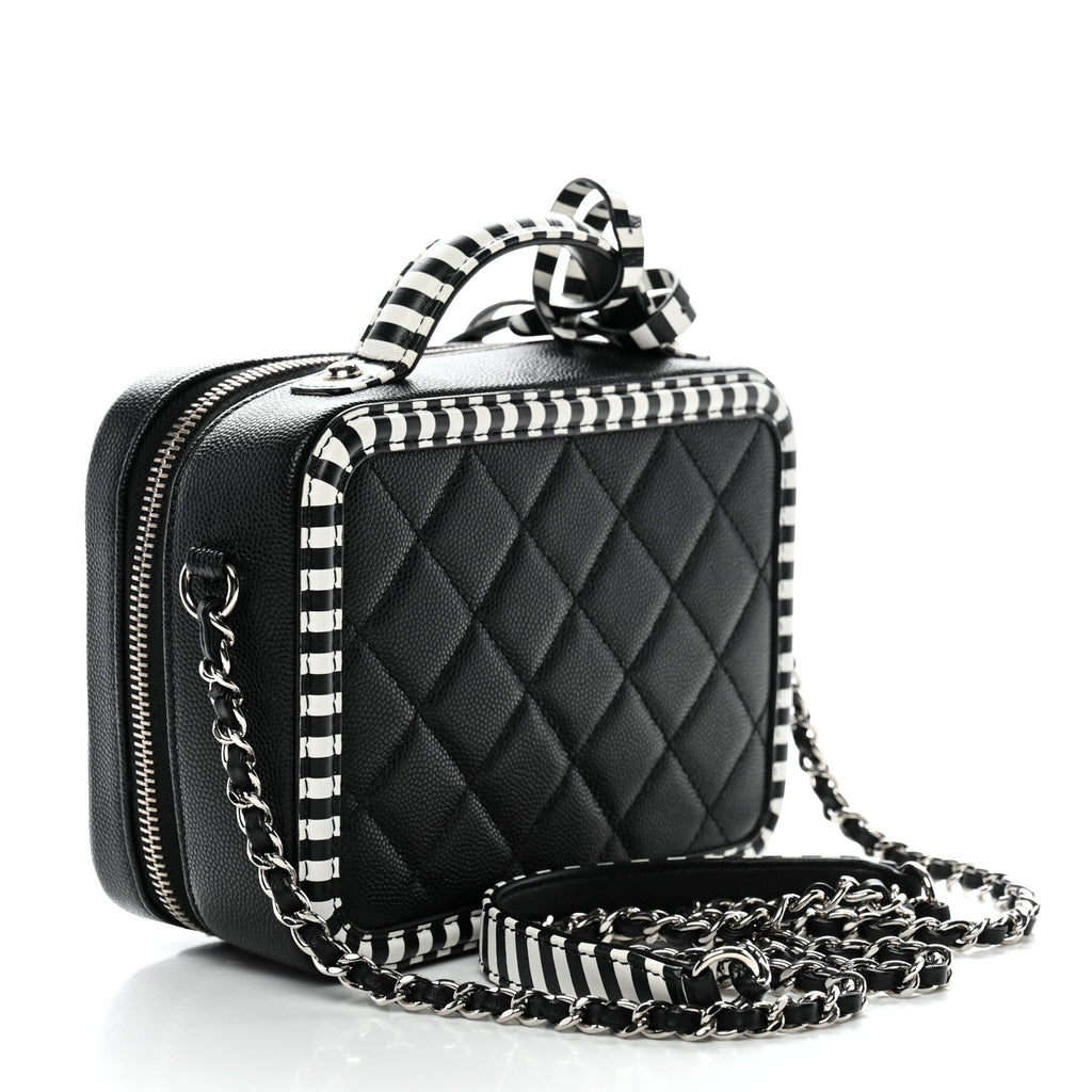 Caviar Quilted Striped Small CC Filigree Vanity Case Black White