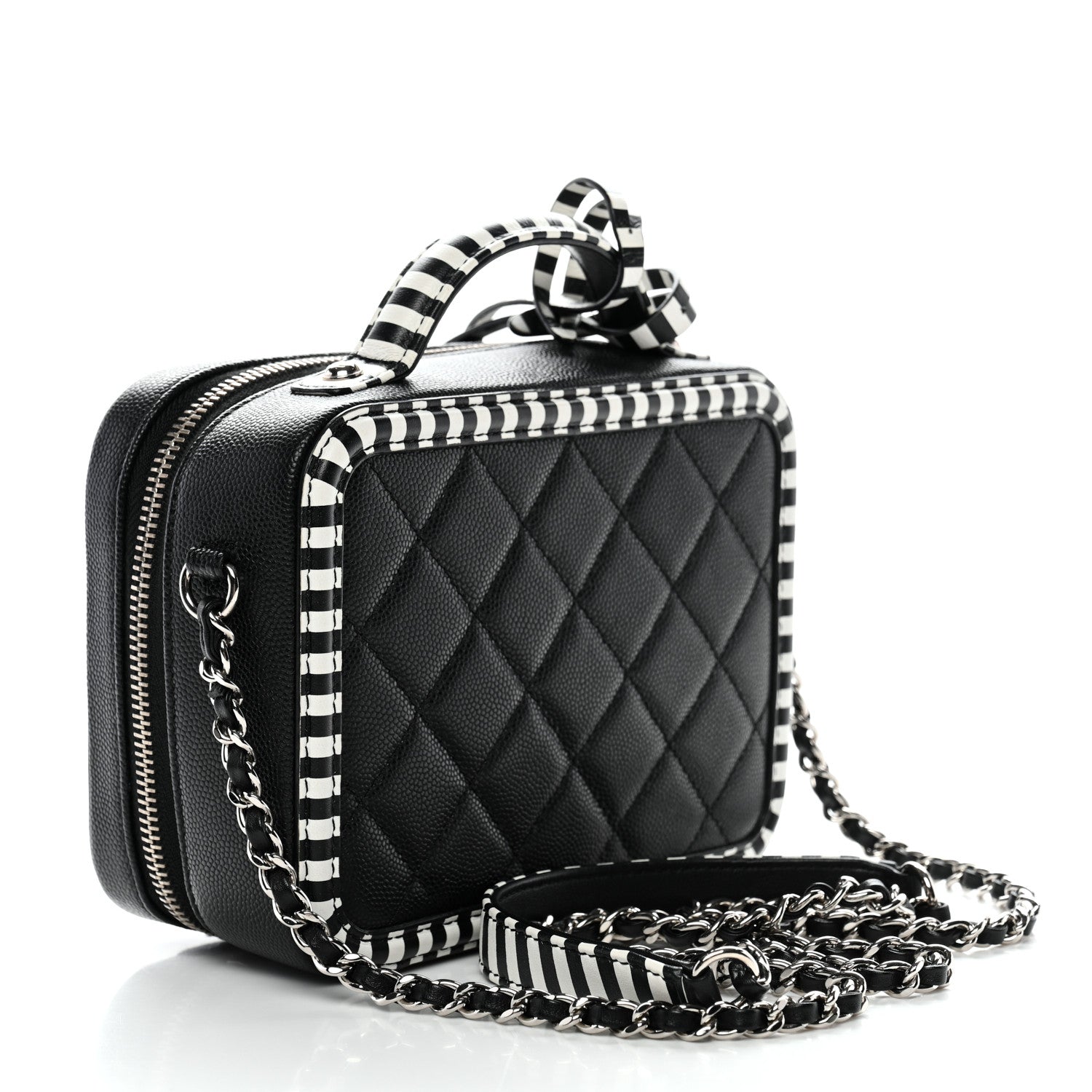 Caviar Quilted Striped Small CC Filigree Vanity Case Black White