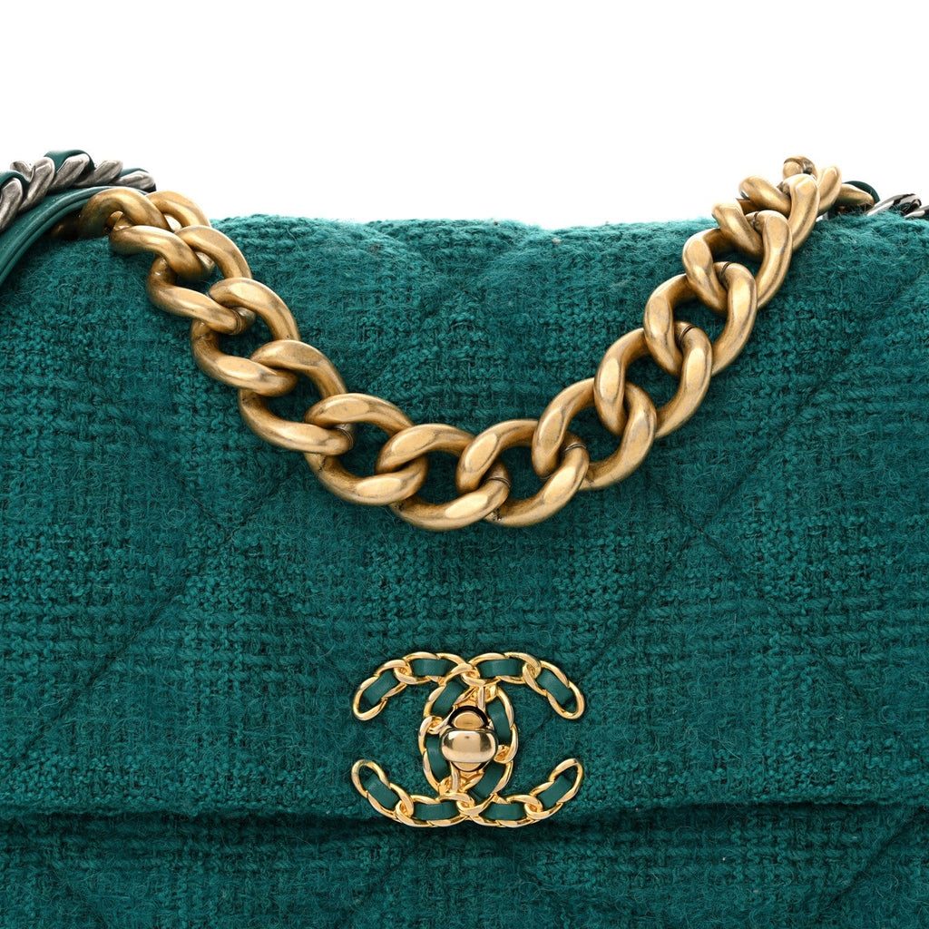 Tweed Quilted Large Chanel 19 Flap Green