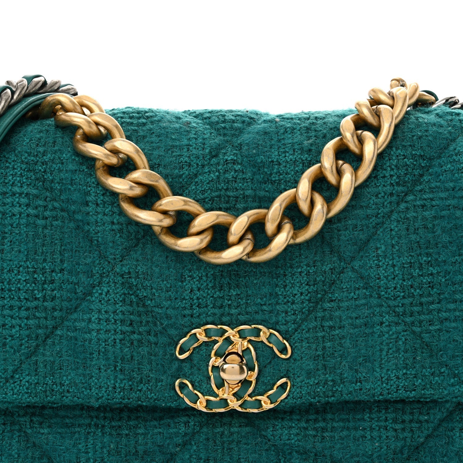 Tweed Quilted Large Chanel 19 Flap Green