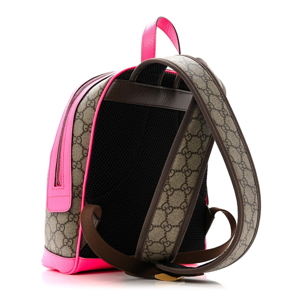 GG Supreme Monogram Textured Dollar Calfskin Web Small Ophidia Day Backpack Beige Ebony Fluorescent Fuchsia
