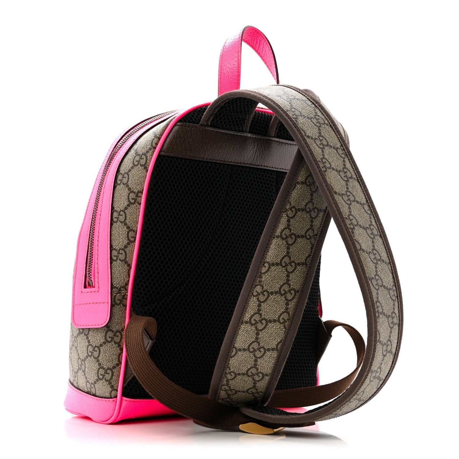 GG Supreme Monogram Textured Dollar Calfskin Web Small Ophidia Day Backpack Beige Ebony Fluorescent Fuchsia
