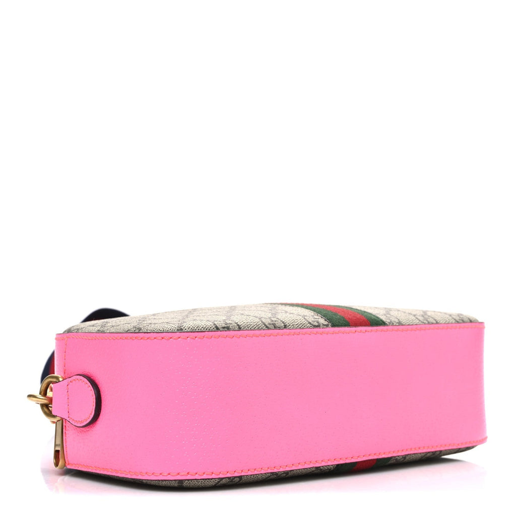 GG Supreme Monogram Textured Dollar Calfskin Web Ophidia Small Crossbody Bag Beige Ebony Fuchsia