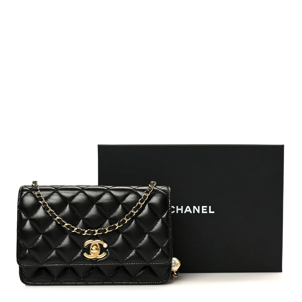 Shiny Lambskin Quilted CC Pearl Wallet on Chain WOC Black