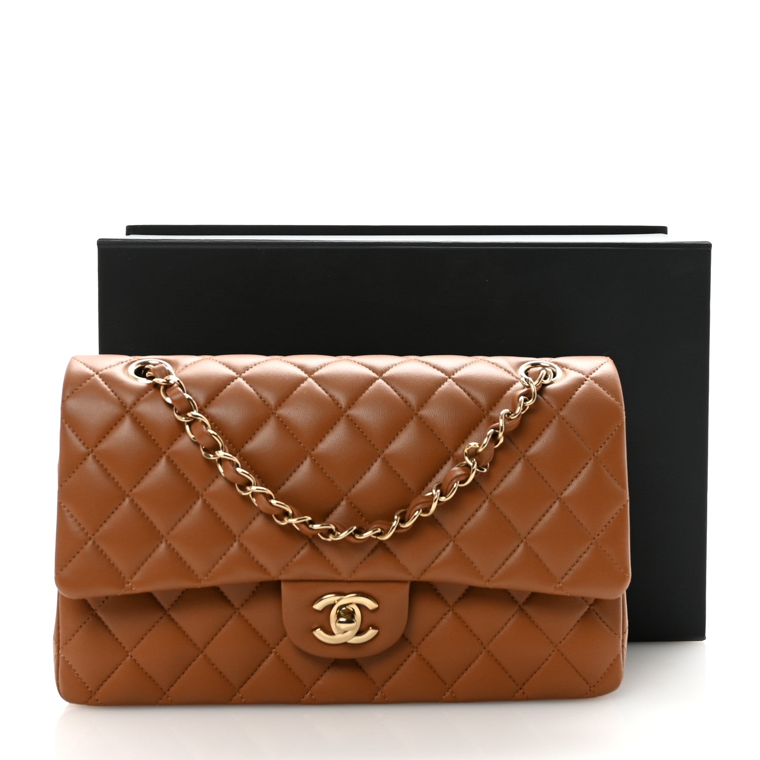 Lambskin Quilted Medium Double Flap Brown