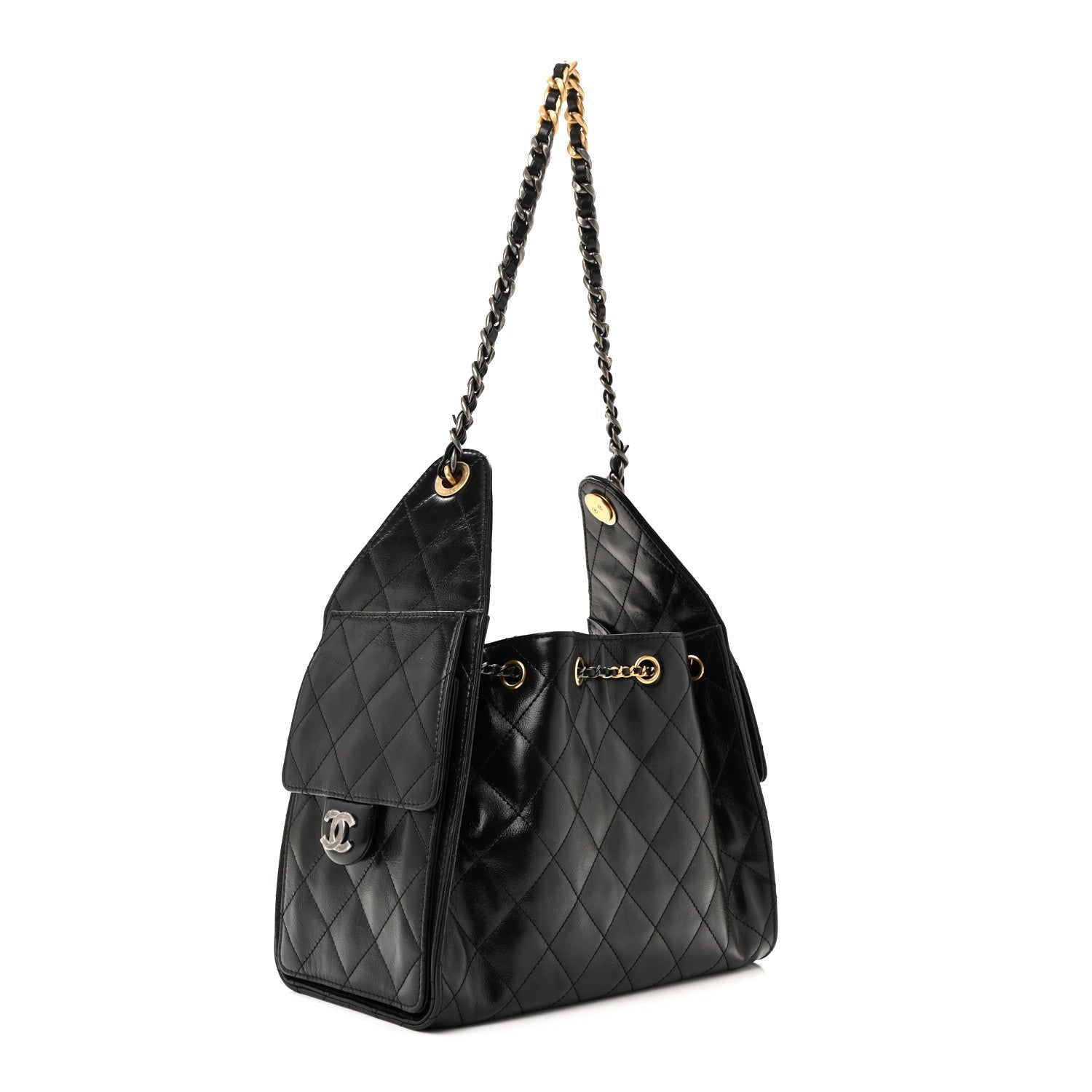 Shiny Crumpled Calfskin Quilted Small Chanel 25 Handbag Black