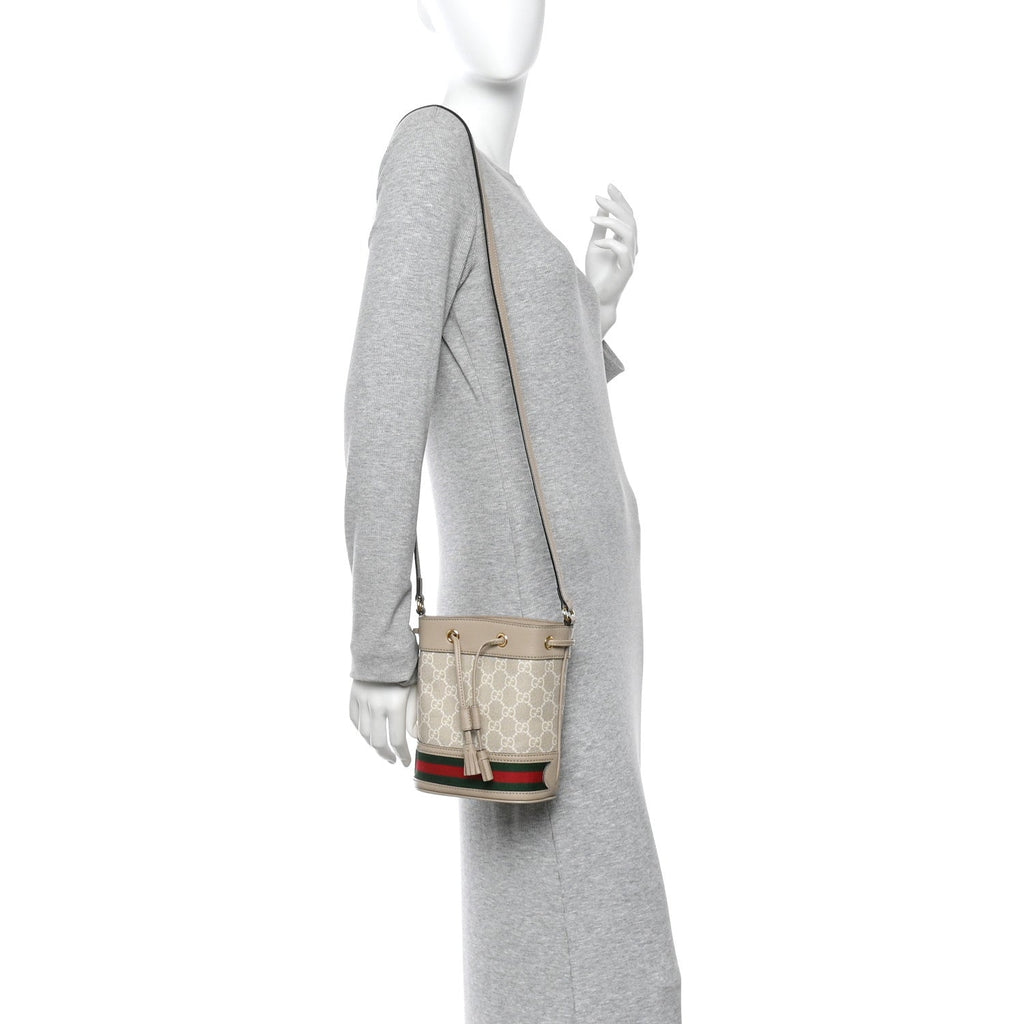 GG Supreme Monogram Textured Calfskin Web Mini Ophidia Bucket Bag Beige Ebony Mystic White Oatmeal