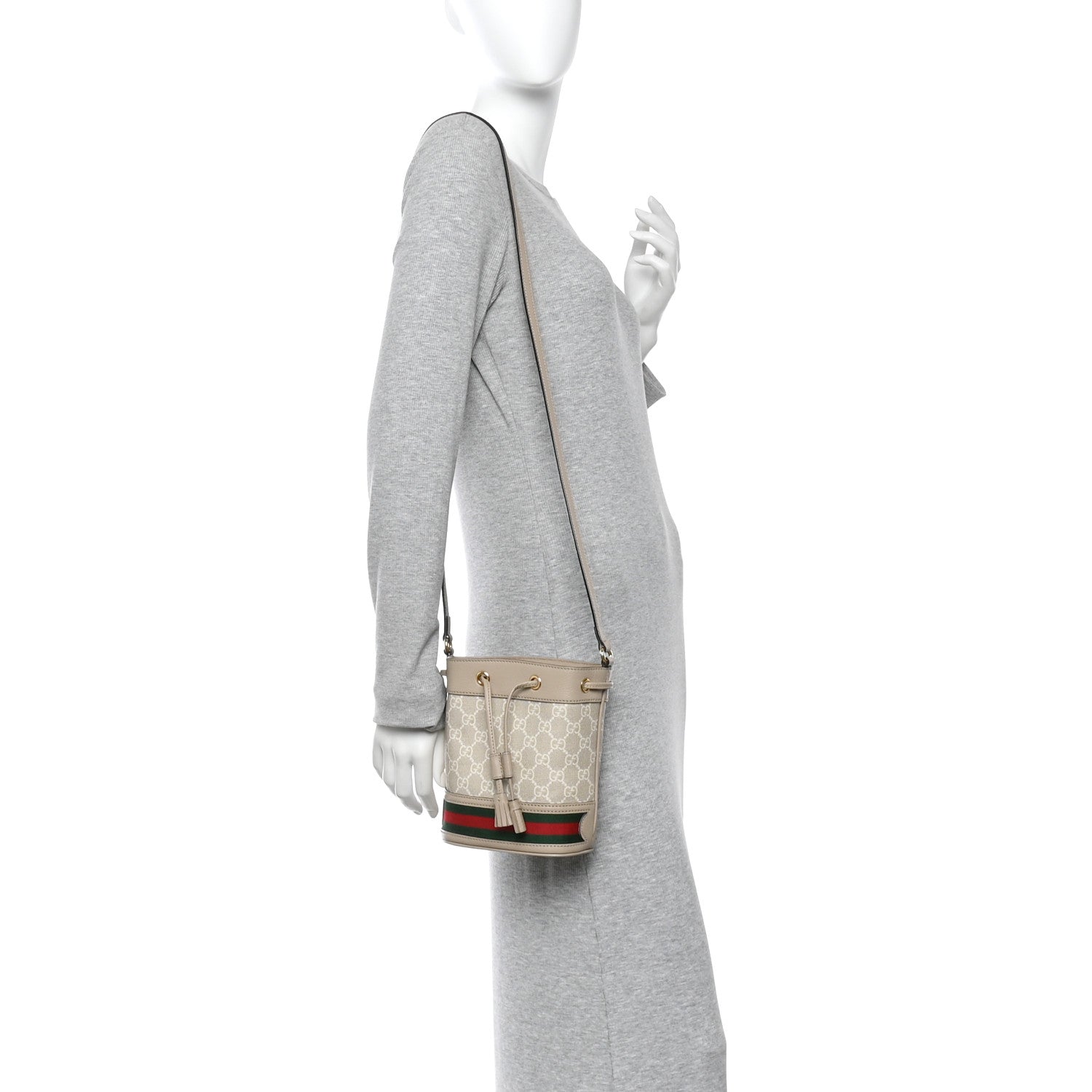 GG Supreme Monogram Textured Calfskin Web Mini Ophidia Bucket Bag Beige Ebony Mystic White Oatmeal