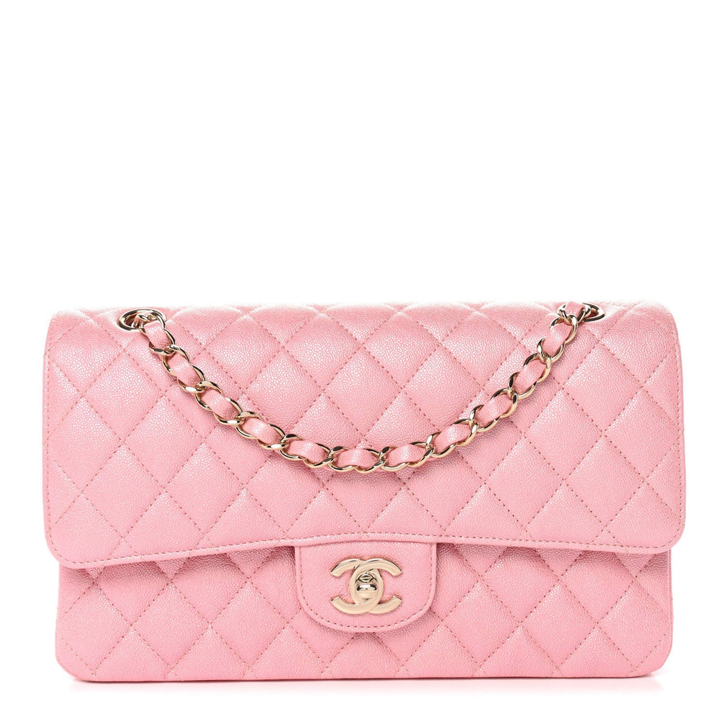 Iridescent Caviar Quilted Medium Double Flap Rose Pink