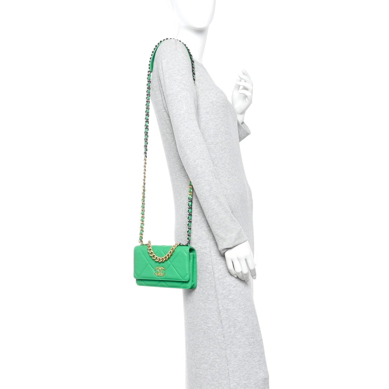Shiny Goatskin Quilted Chanel 19 Wallet On Chain WOC Green