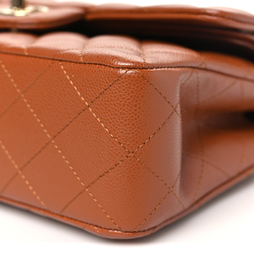 Caviar Quilted Small Double Flap Light Brown
