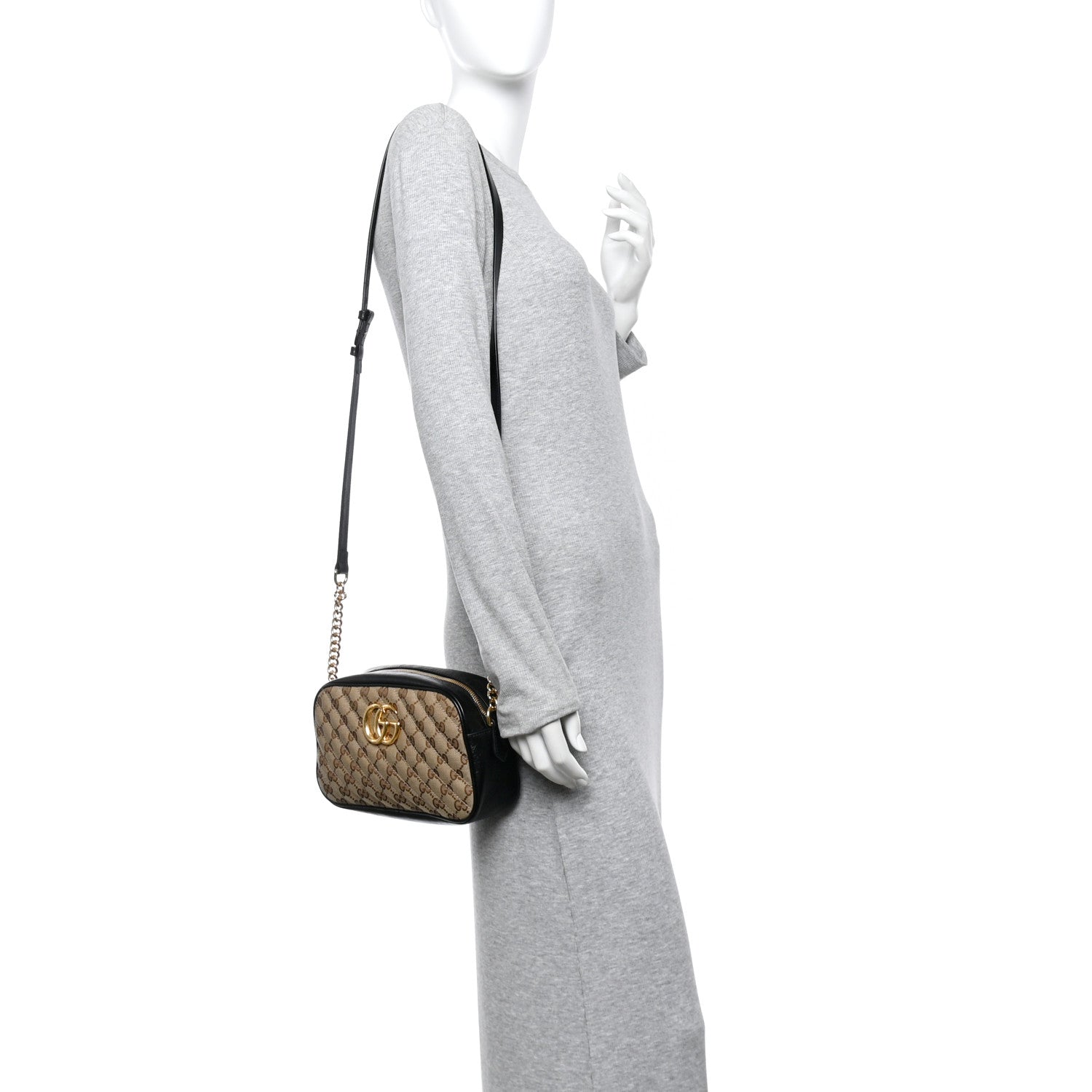 Monogram Matelasse Diagonal Small GG Marmont Chain Shoulder Bag Beige Black