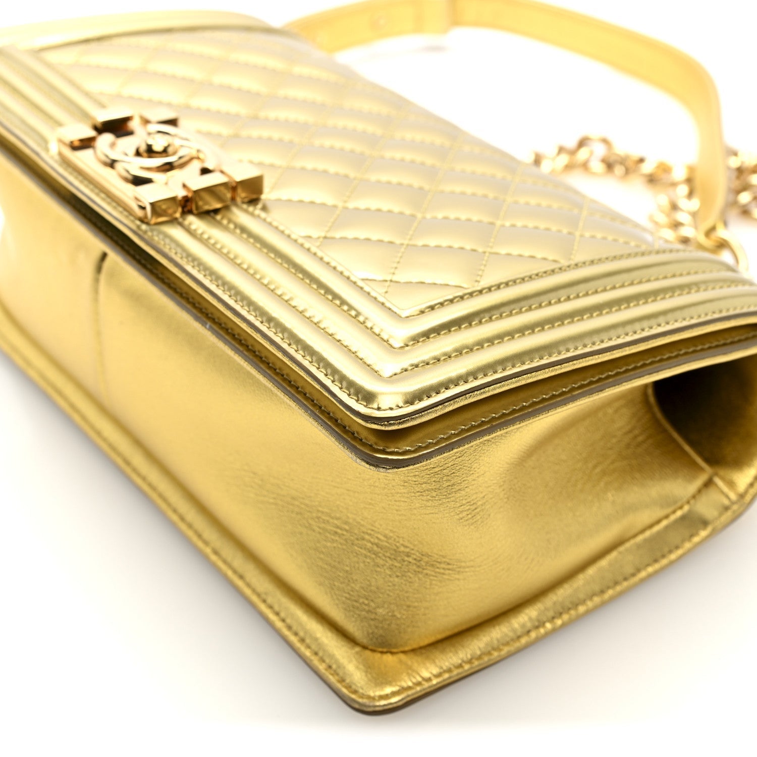 Metallic Patent Calfskin Quilted Medium Boy Flap Gold