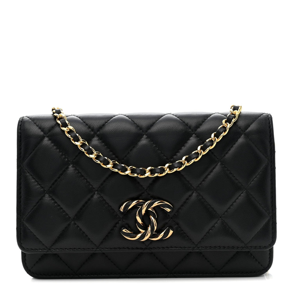 Lambskin Quilted Twisted CC Wallet On Chain WOC Black