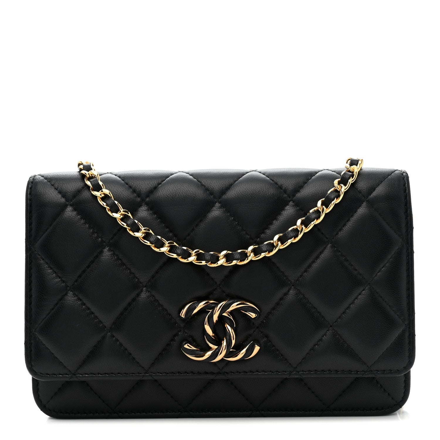 Lambskin Quilted Twisted CC Wallet On Chain WOC Black