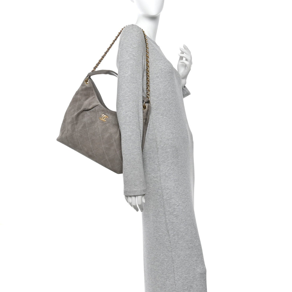 Suede Quilted Large Hobo Dark Grey