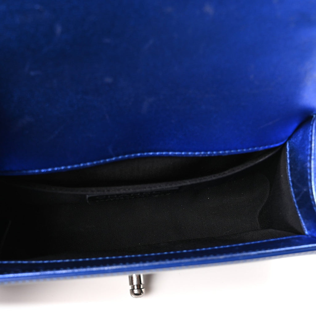 Metallic Patent Calfskin Quilted Small Boy Flap Blue
