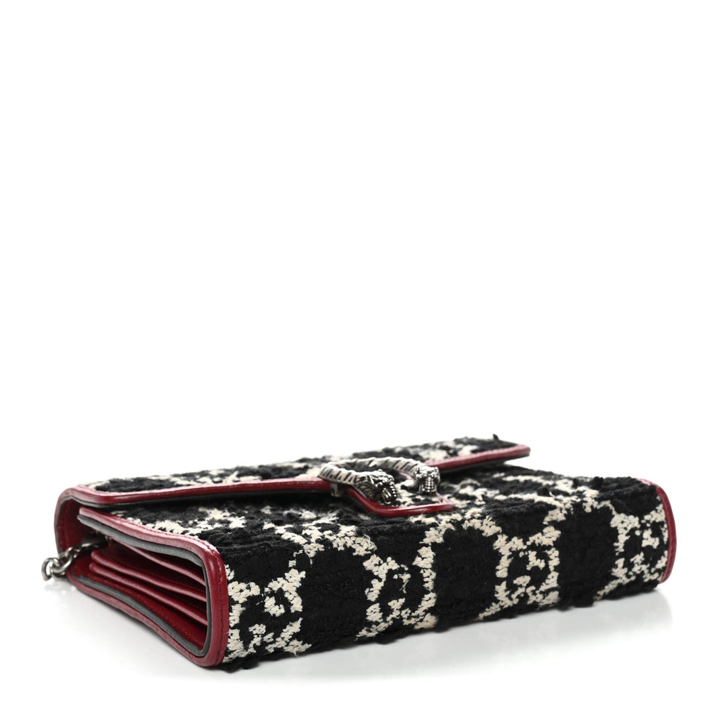 Tweed GG Monogram Mini Dionysus Chain Wallet Black White Romantic Cherry