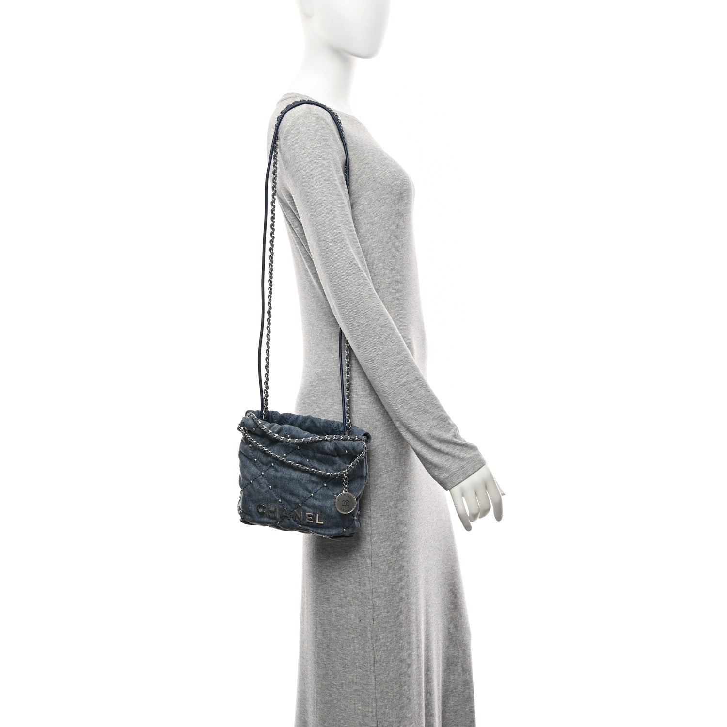Washed Denim Quilted Studded Mini Chanel 22 Blue
