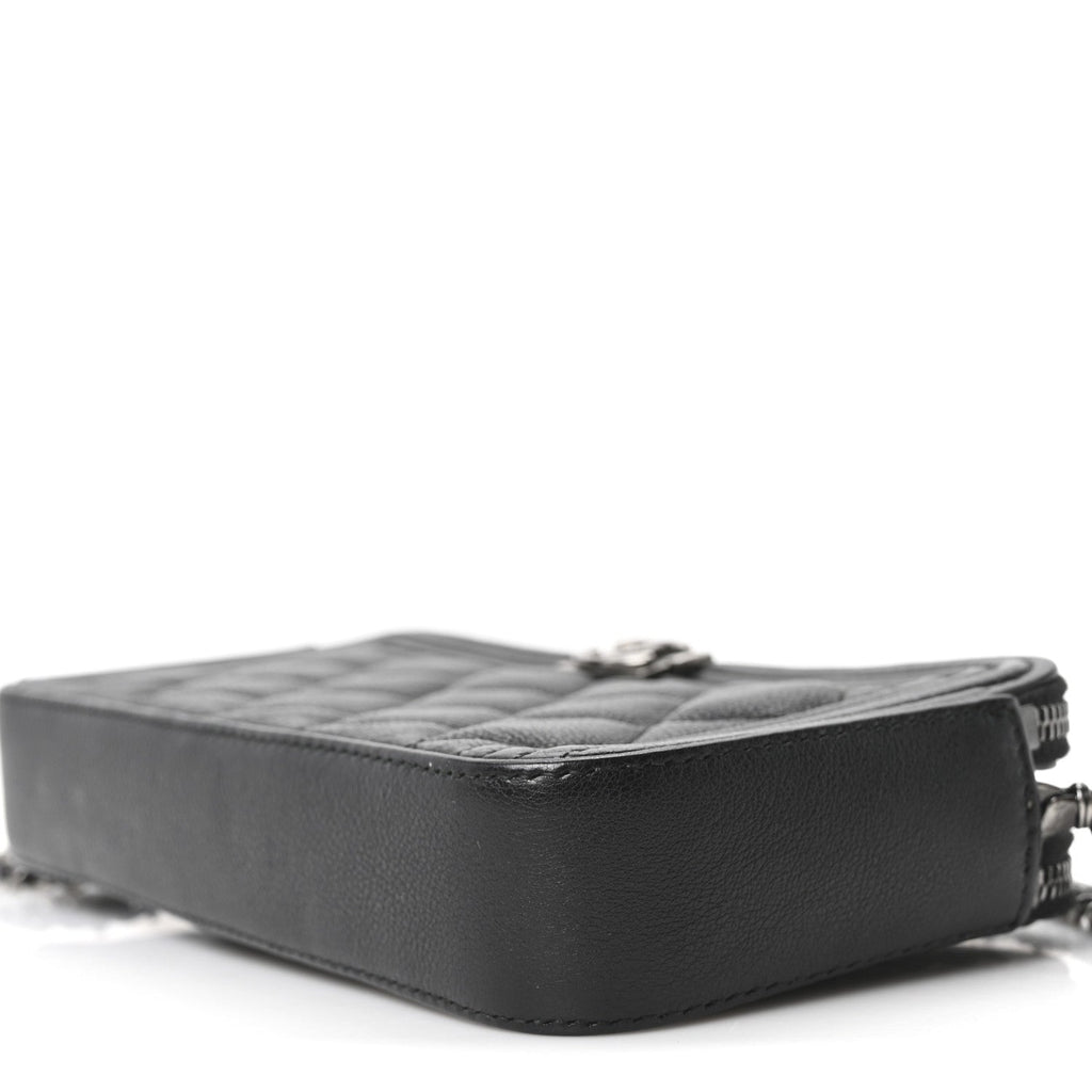 Grained Calfskin Quilted Boy Phone Holder Wallet On Chain Black