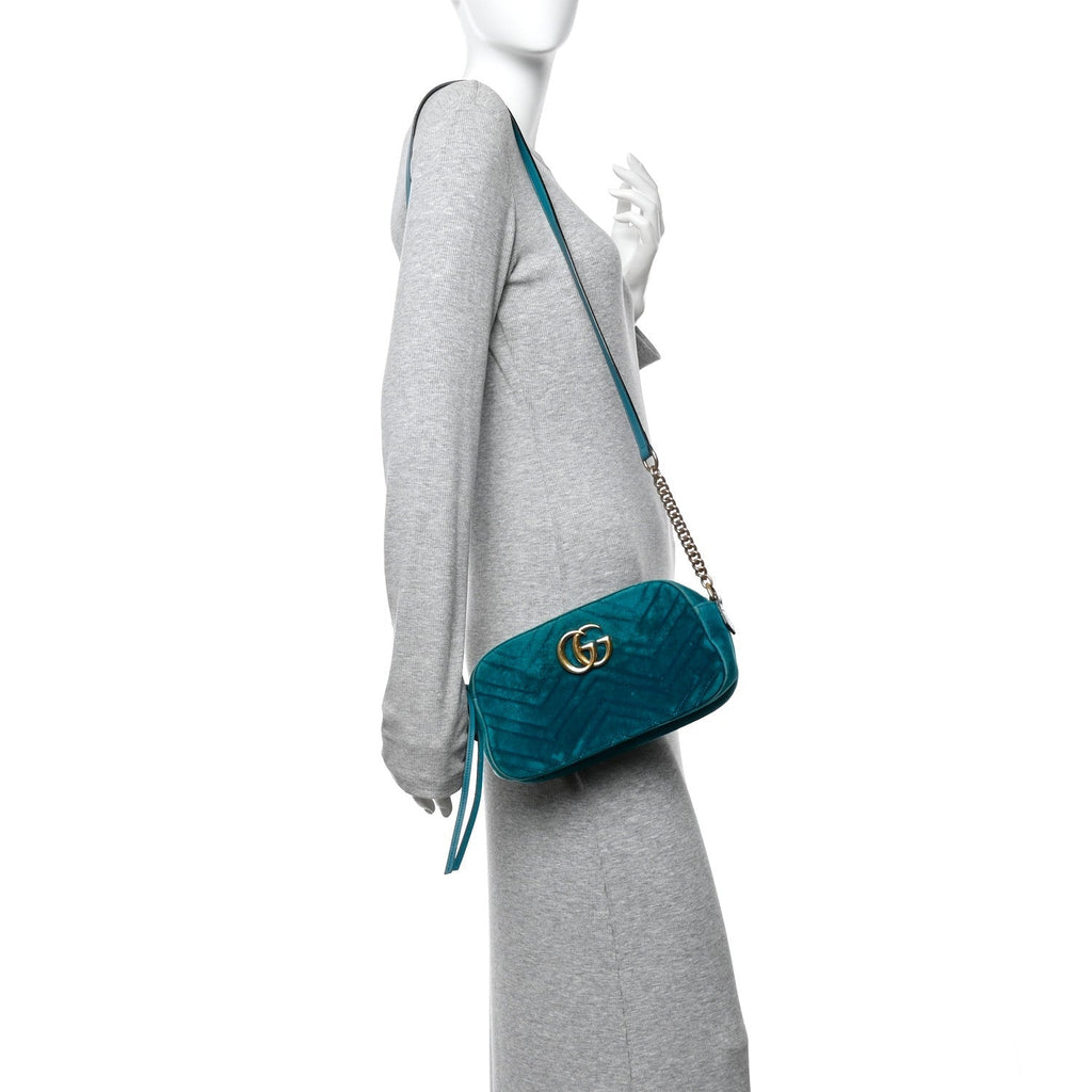 Velvet Matelasse Small GG Marmont Chain Shoulder Bag Pavone Cyan