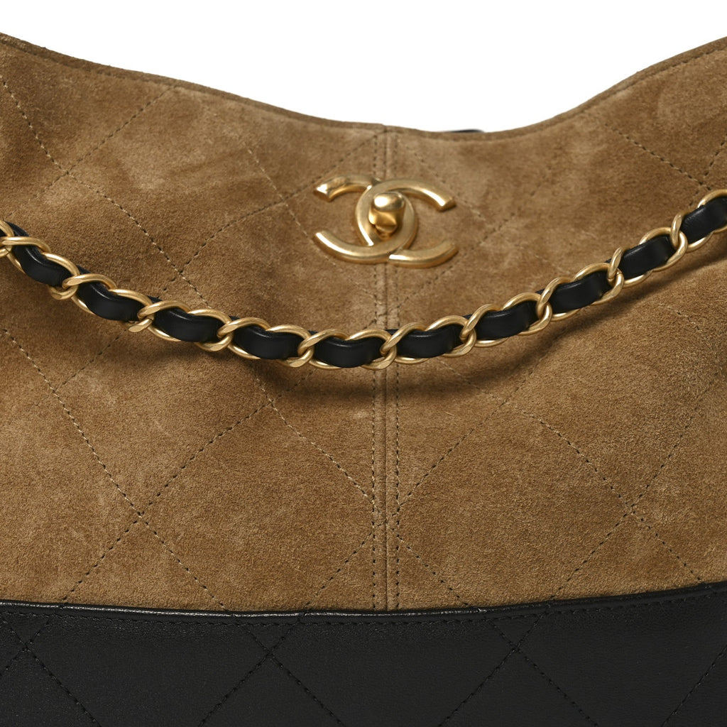 Suede Calfskin Shiny Lambskin Quilted Small Coco Base Shopping Bag Beige Black