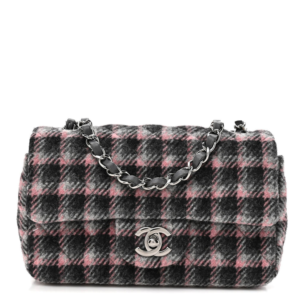 Wool Plaid Quilted Mini Rectangular Flap Pink Grey Multicolor