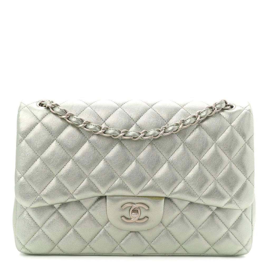 Metallic Lambskin Quilted Jumbo Double Flap Green