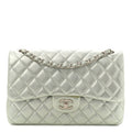Metallic Lambskin Quilted Jumbo Double Flap Green