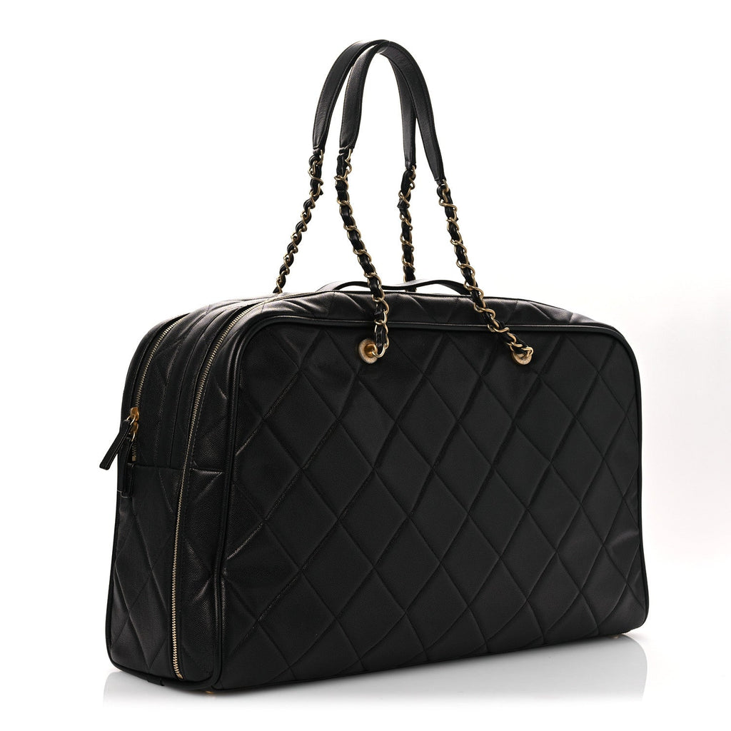 Shiny Grained Calfskin Quilted Large Travel Bowling Bag Black