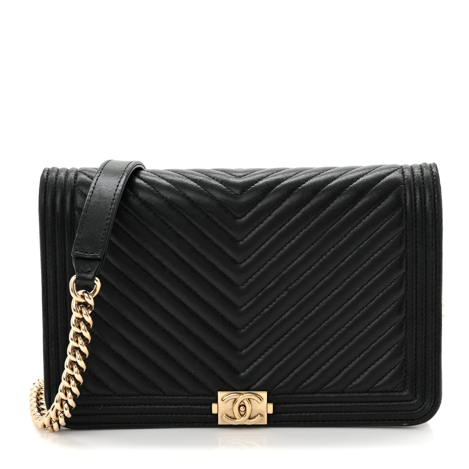 Lambskin Chevron Boy Wallet On Chain WOC Black
