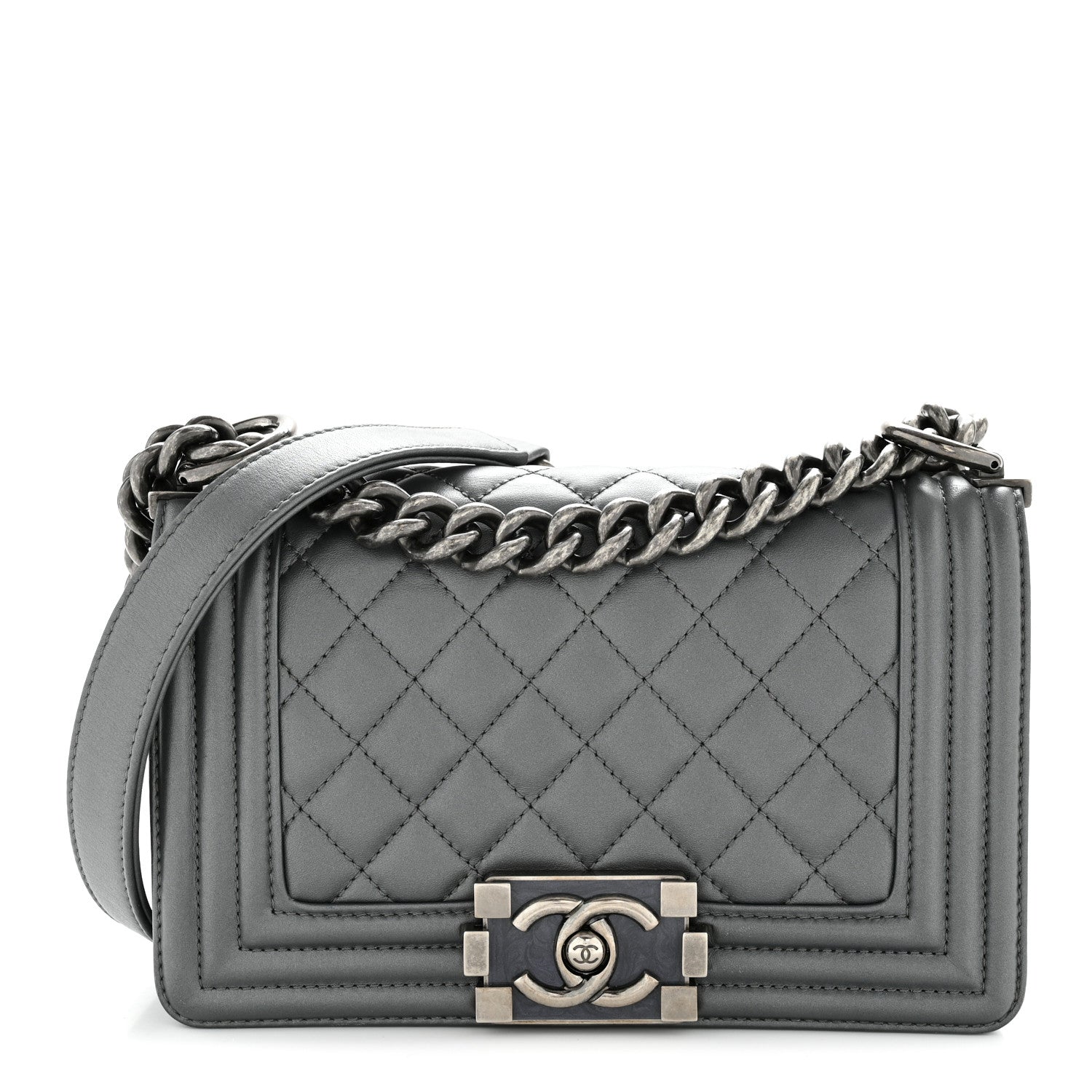 Metallic Calfskin Quilted Small Boy Flap Dark Silver