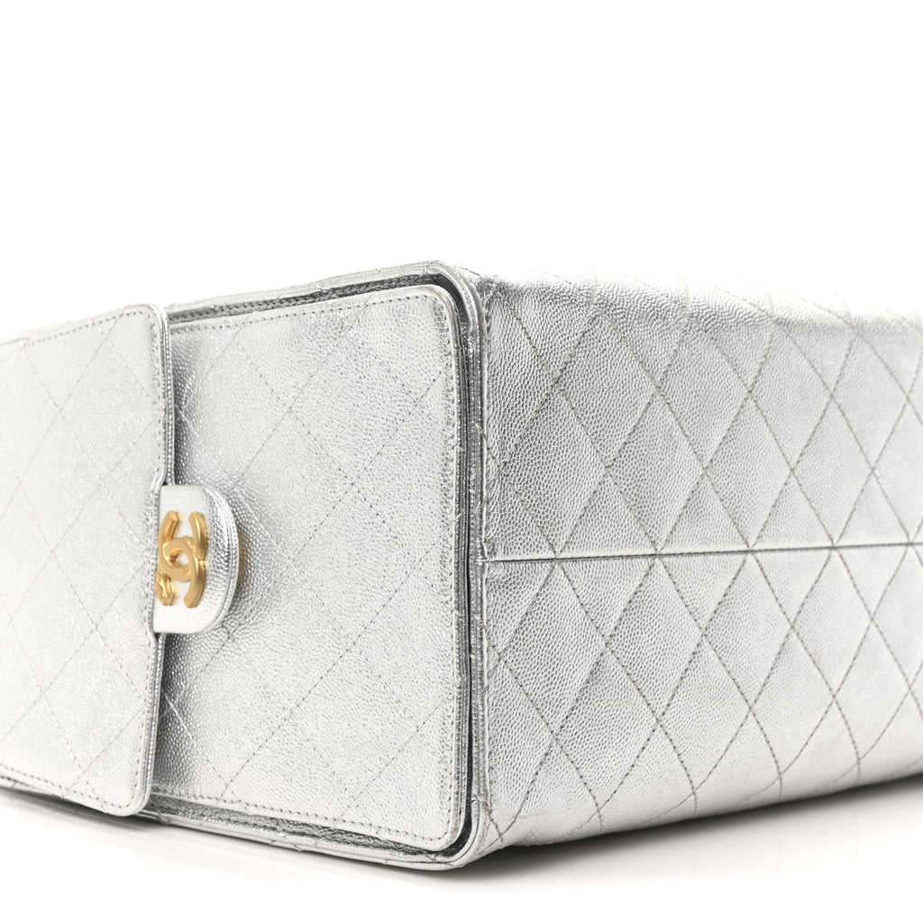 Metallic Caviar Quilted Medium Chanel 25 Handbag Silver