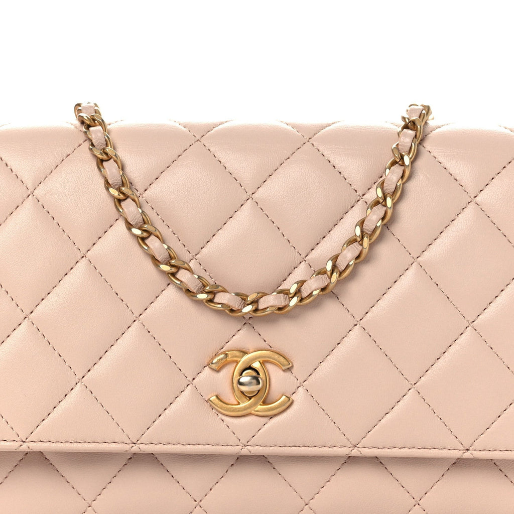 Lambskin Quilted CC Pearl Crush Wallet on Chain WOC Light Pink