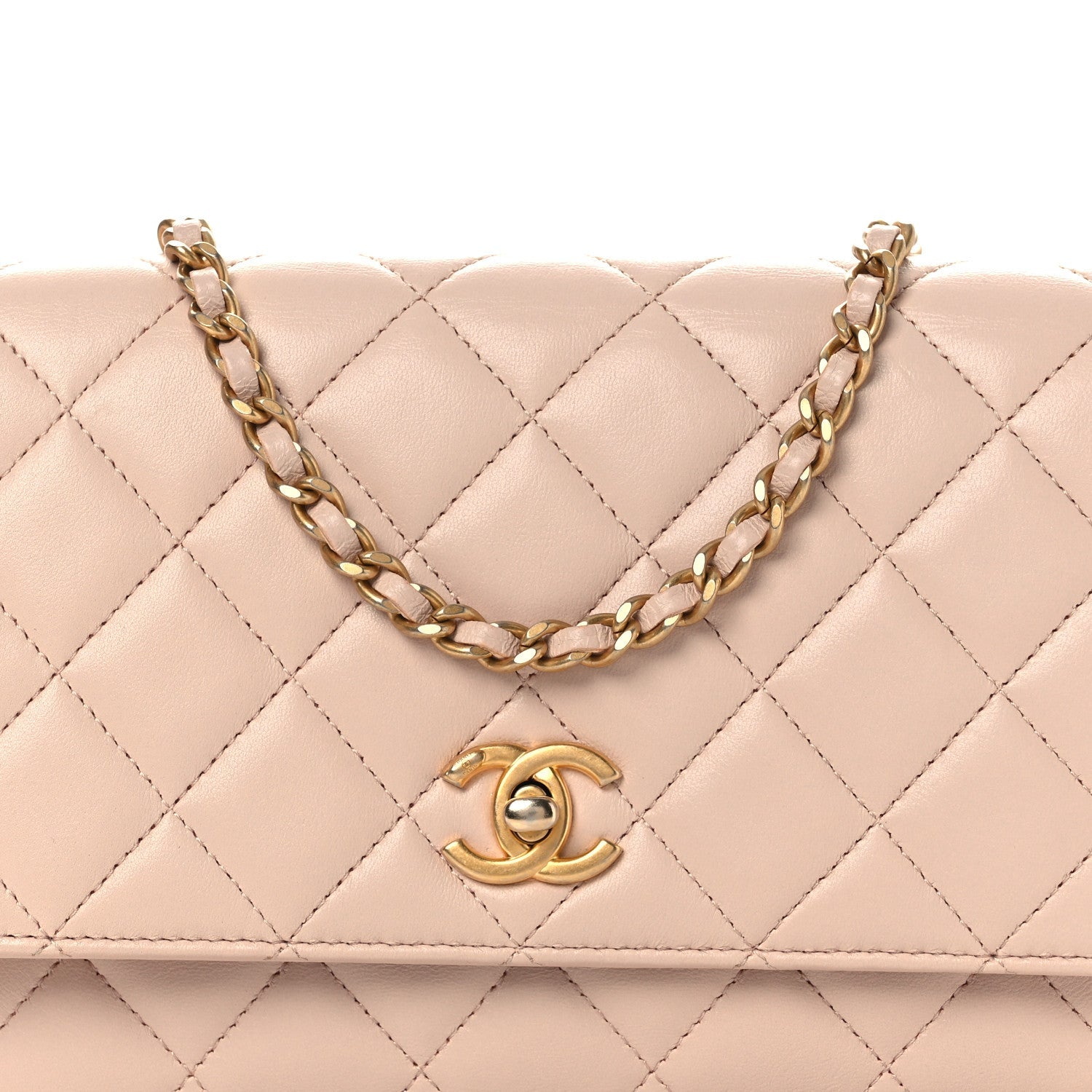 Lambskin Quilted CC Pearl Crush Wallet on Chain WOC Light Pink