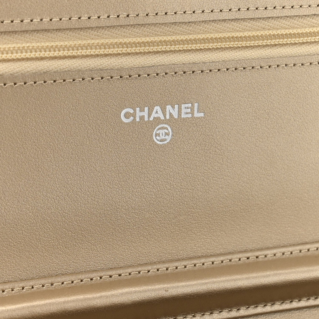 Metallic Lambskin Quilted Wallet On Chain WOC Gold Black