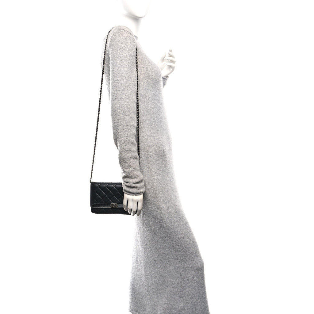 Lambskin Quilted Boy Wallet On Chain WOC Black