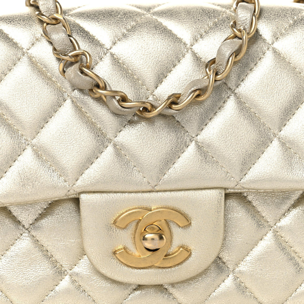 Metallic Lambskin Quilted Mini Rectangular Flap Gold