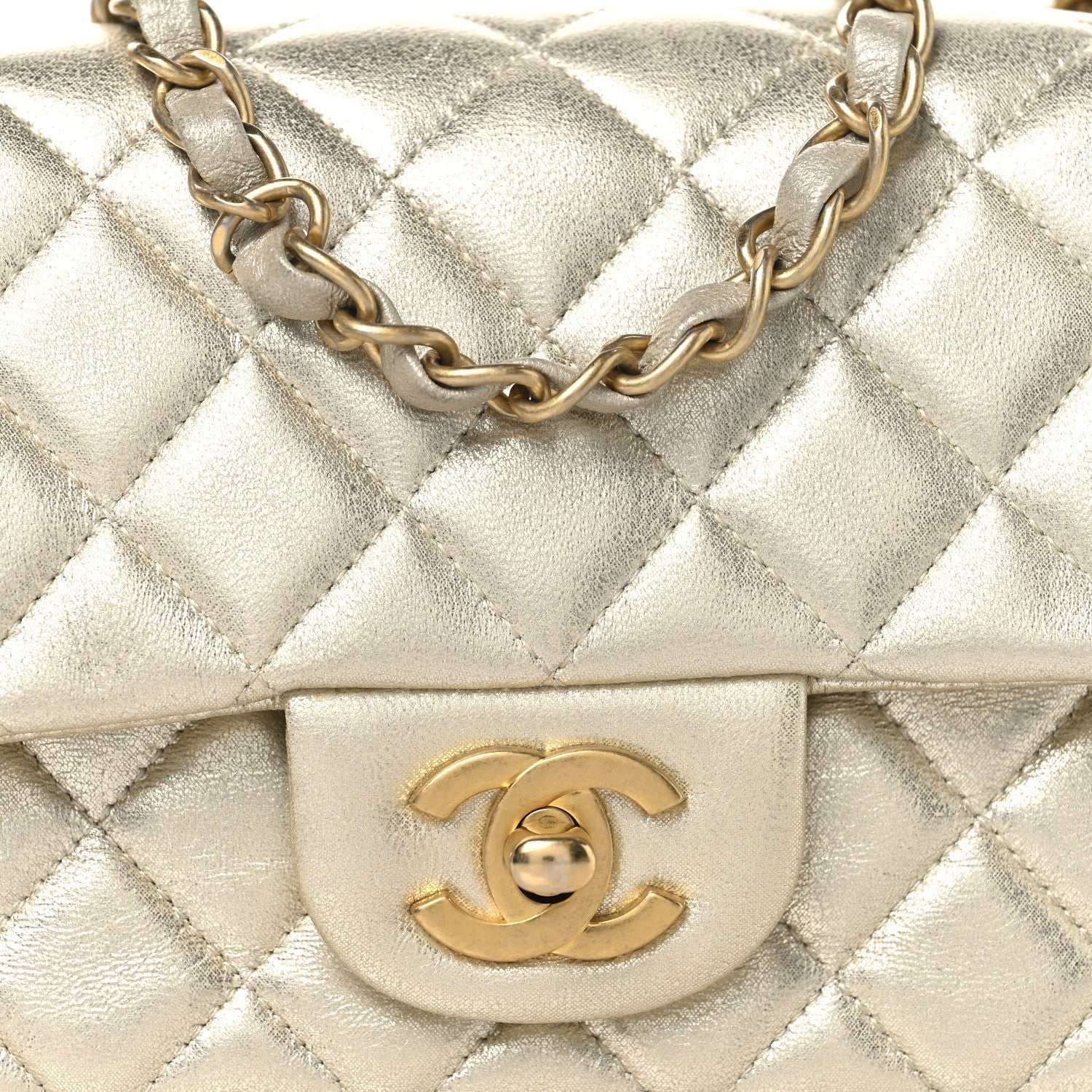 Metallic Lambskin Quilted Mini Rectangular Flap Gold