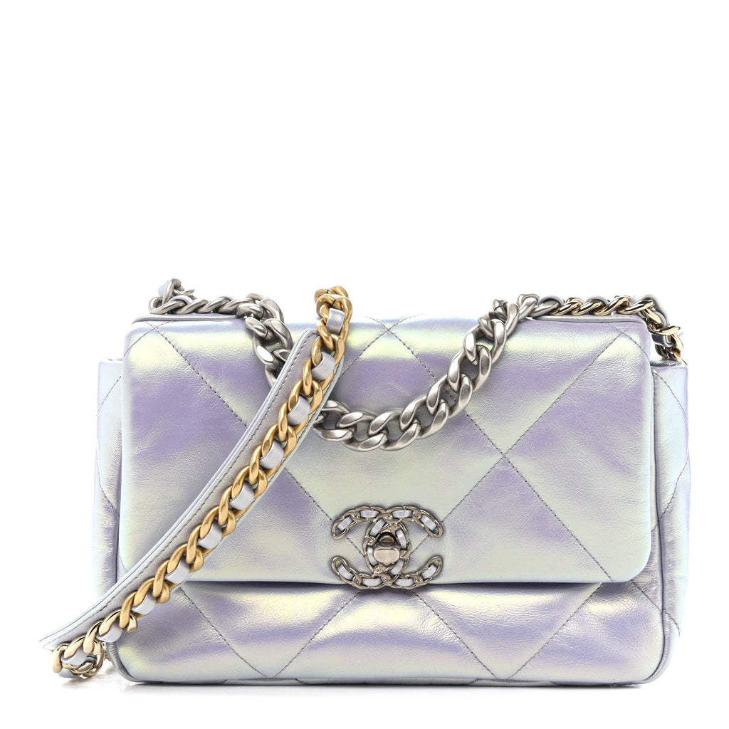 Iridescent Calfskin Quilted Medium Chanel 19 Flap Light Purple Blue
