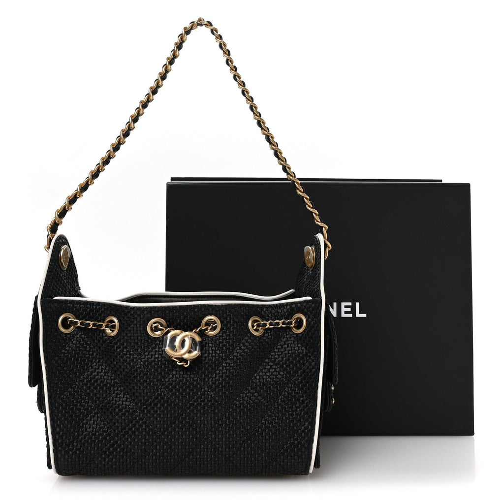 Braided Raffia Calfskin Quilted Mini Chanel 25 Handbag Black White