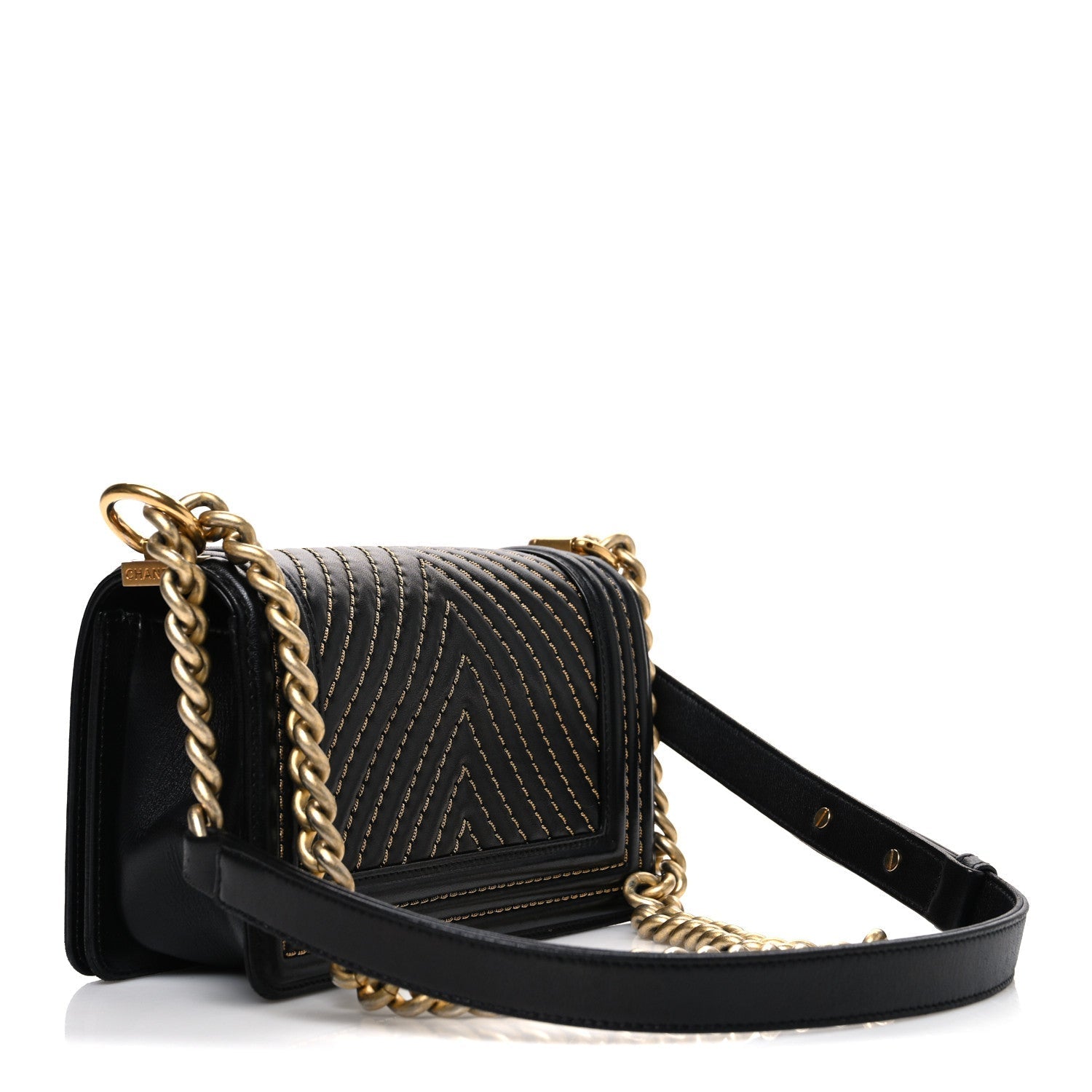 Lambskin Chevron Chain Stitched Small Boy Flap Black