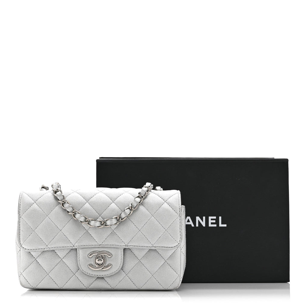 Metallic Lambskin Quilted Mini Rectangular Flap Silver